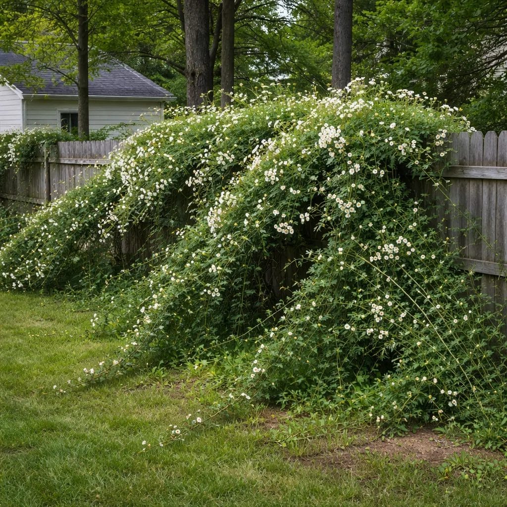 [realistic US suburban backyard showing Multiflora Rose spreading aggressively into a fence line, arching canes everywhe