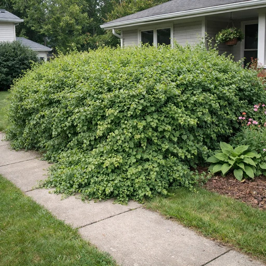 [realistic US suburban front yard showing a large, overgrown hedge that has expanded far beyond the planting area, encro