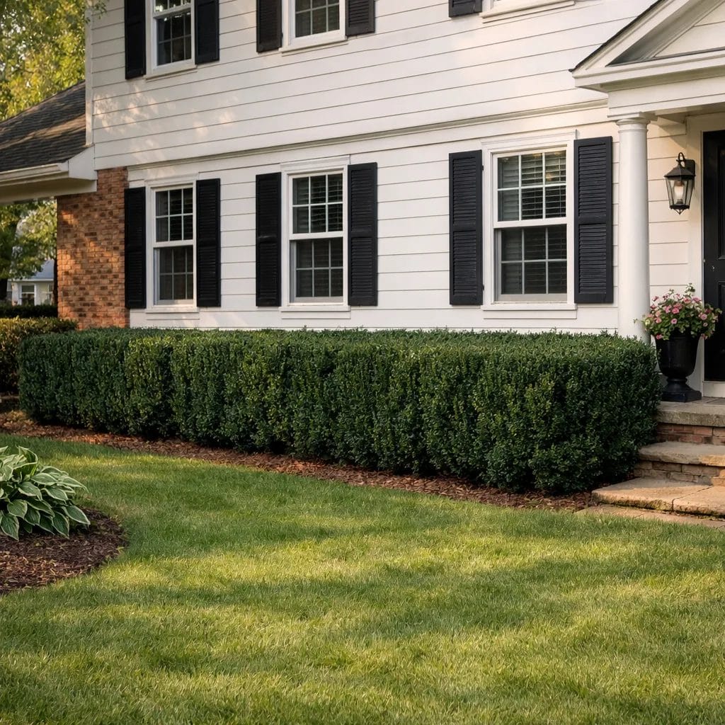 [realistic US suburban front yard with dark green formal Taxus yew hedge along a colonial home foundation — photorealist