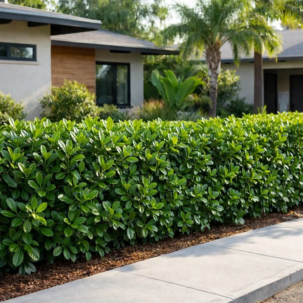 [realistic US suburban front yard with glossy-leaved Pittosporum hedge along a California or Florida home boundary — pho