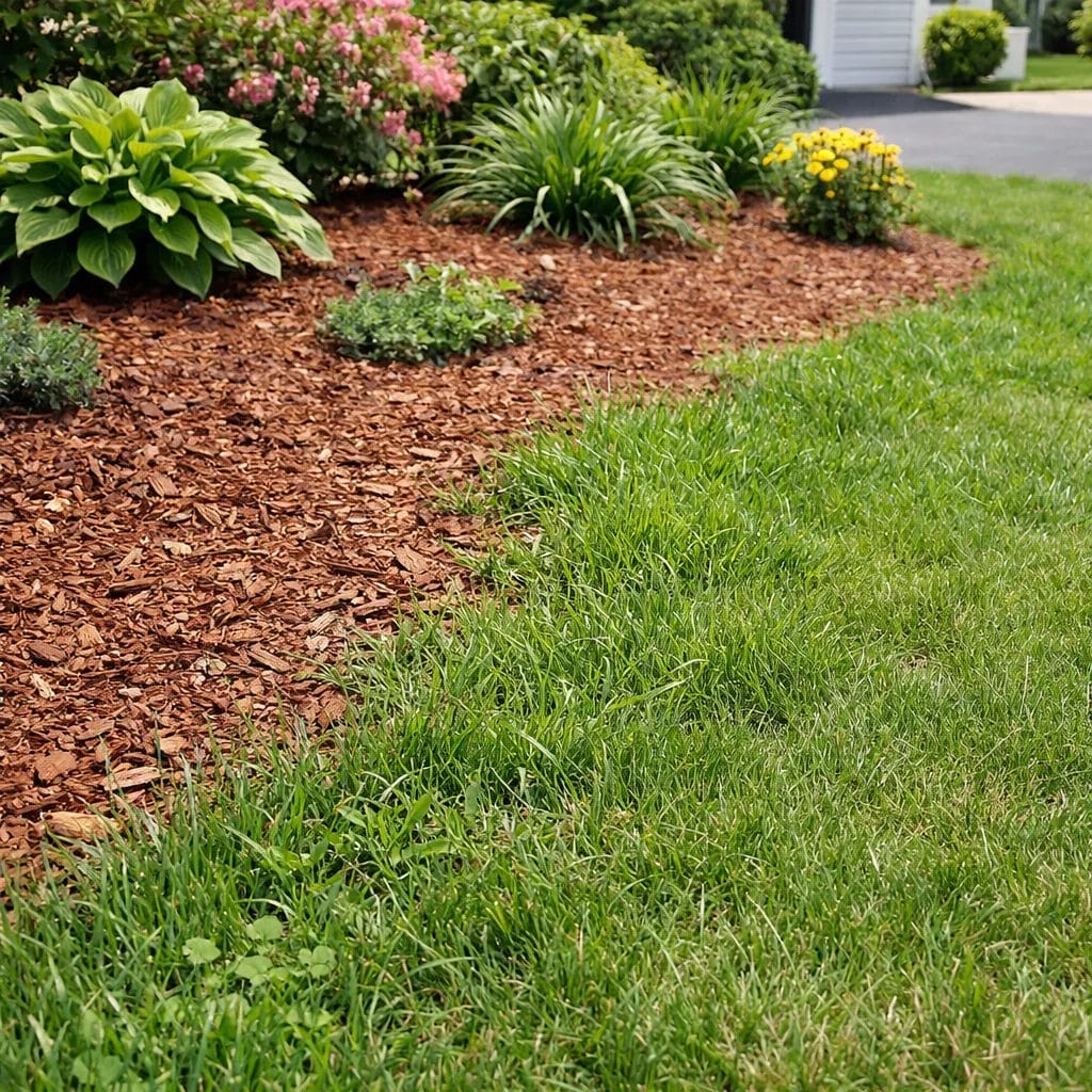 [Garden bed with no physical border between grass and mulch, grass visibly spreading freely into the bed, suburban front