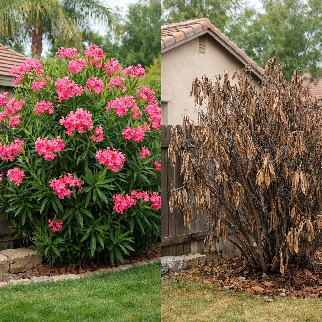 [realistic US suburban backyard showing Oleander shrubs growing in a warm climate yard, lush and blooming, but with a co