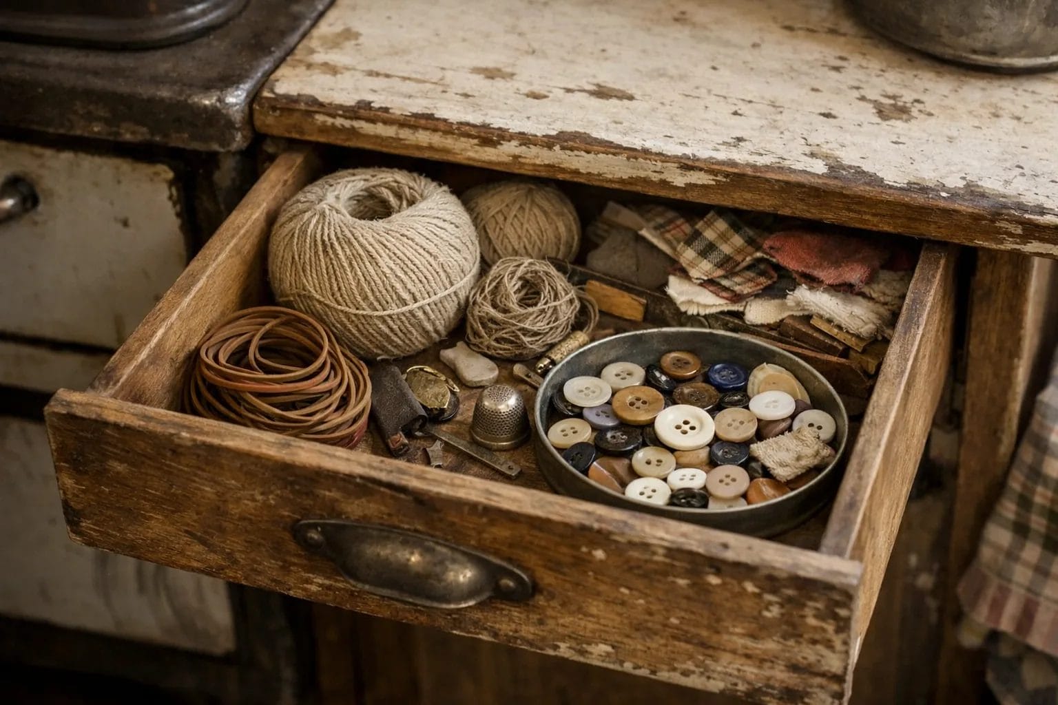 Small Depression-era kitchen drawer partially open showing neatly stored saved string, rubber bands, buttons, and small 