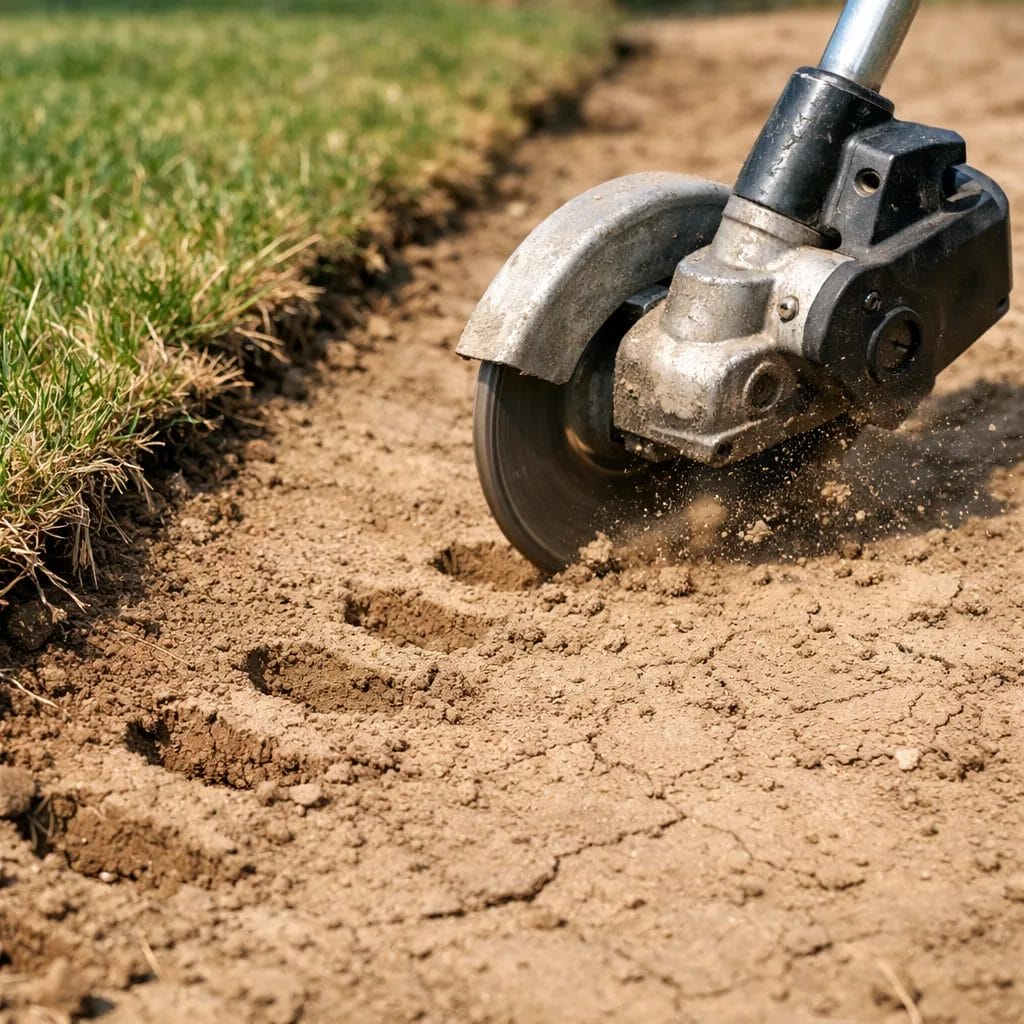 [Powered edger blade bouncing along dry compacted clay soil on a suburban lawn edge, visible skipping marks in the soil,