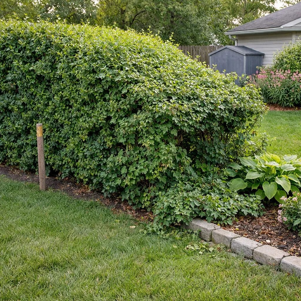 [realistic US suburban backyard showing a mature hedge clearly growing beyond the property boundary stakes into the neig