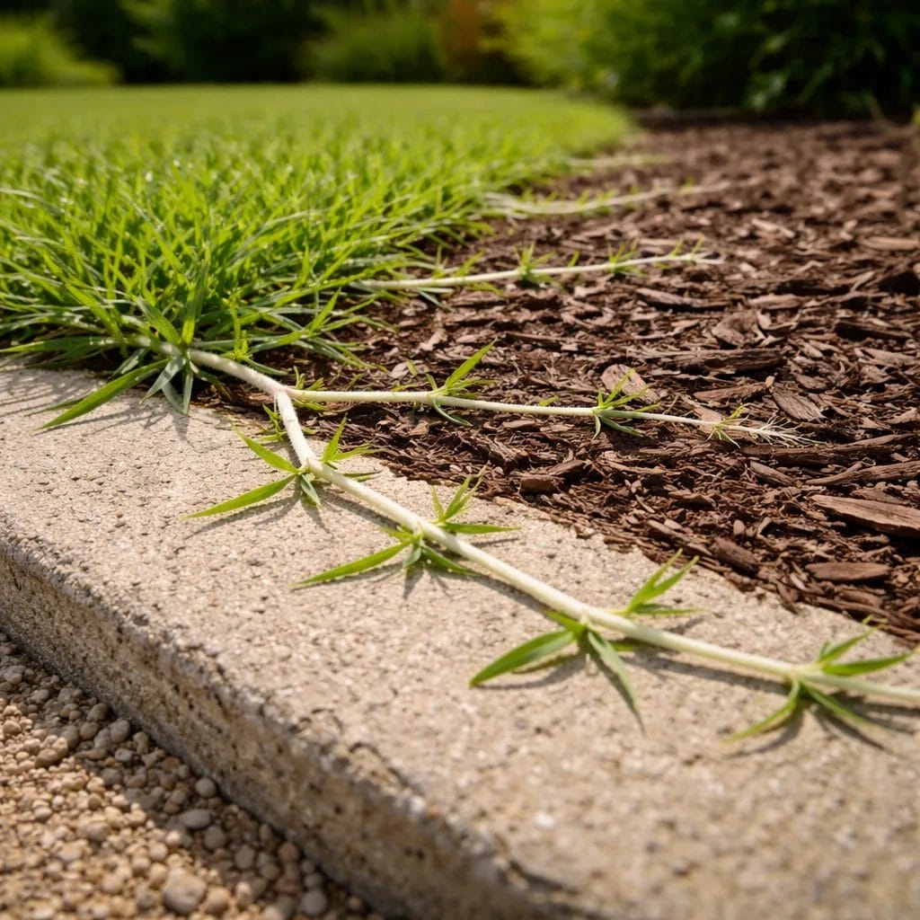 [Bermuda grass sending visible white stolons across a sidewalk edge into a garden bed in a suburban US yard, close-up gr