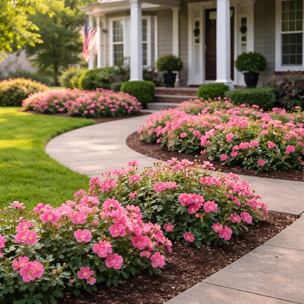[realistic US suburban front yard with low-spreading pink Drift Rose shrubs along a front walkway in summer — photoreali