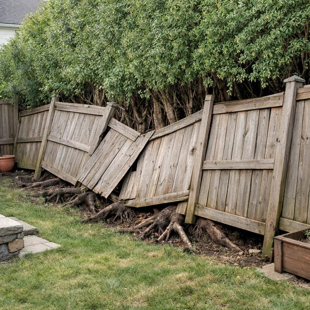 [realistic US suburban backyard showing a shared timber fence being visibly lifted and warped by the root system of a la