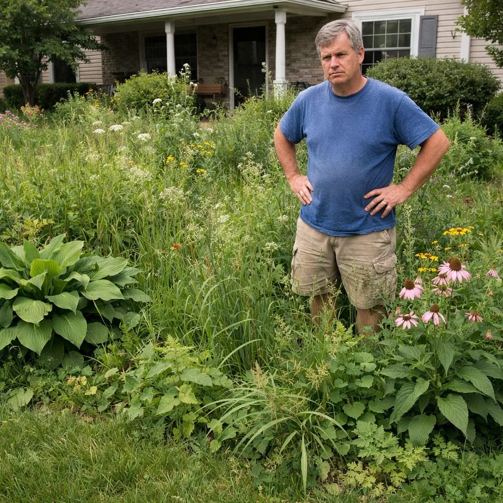 [Overgrown suburban front yard with no defined bed border, grass and garden plants merging into a single green mass, hom