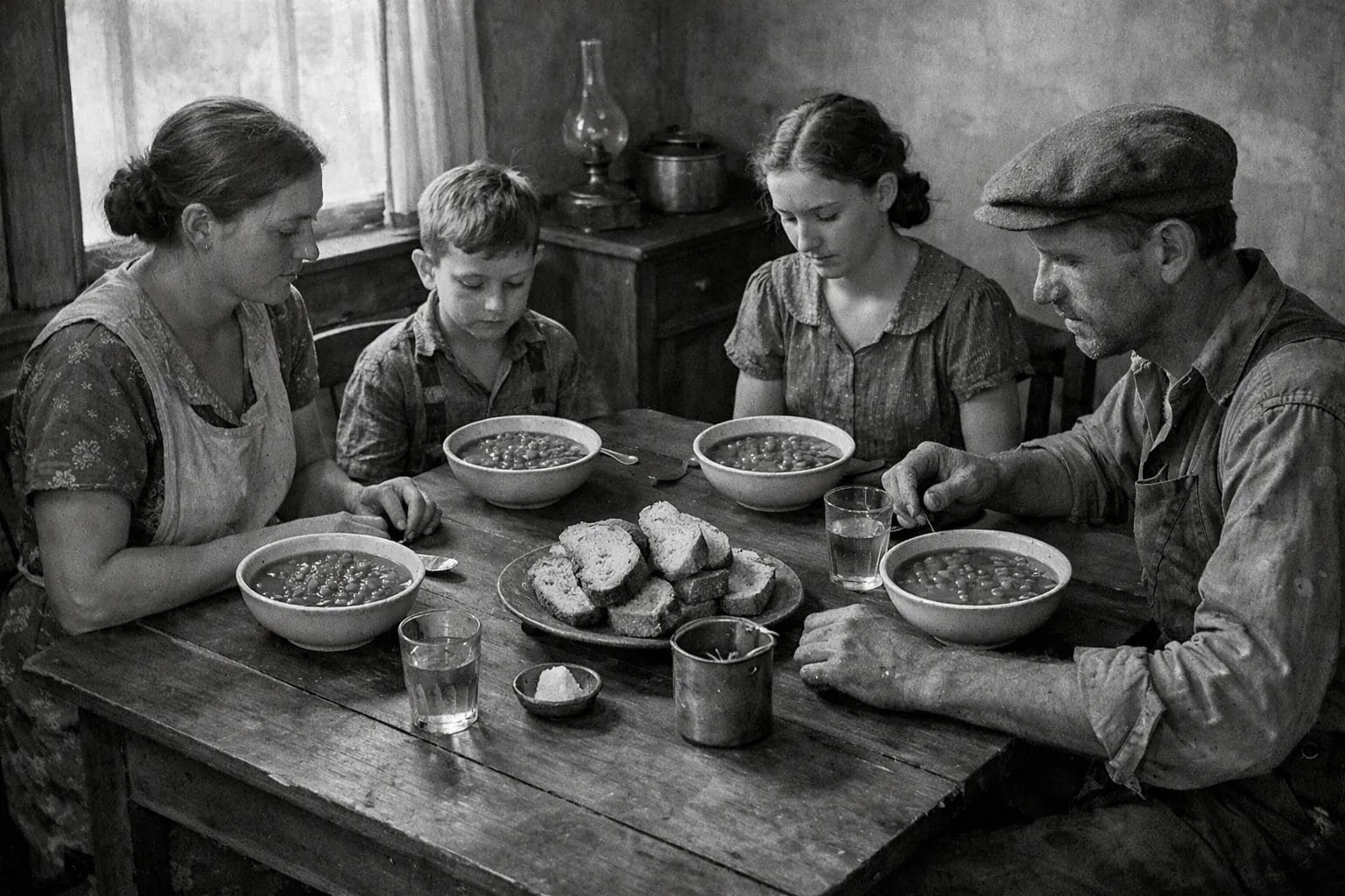 Simple 1930s Depression-era dinner table set with modest food, bean soup and bread, sparse but clean, family sitting dow