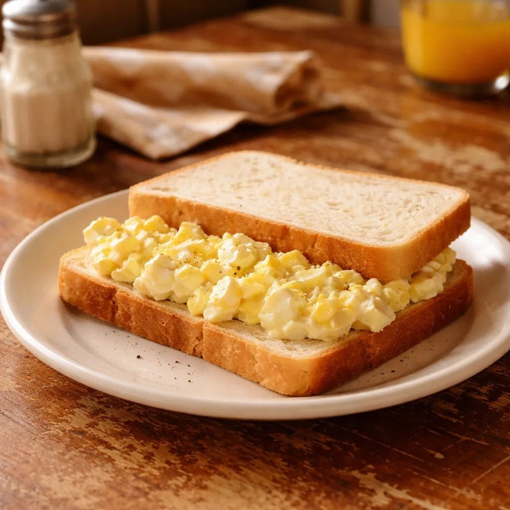 simple egg salad made with hard-boiled eggs and minimal mayonnaise spread on two slices of white bread, plain plate, wor