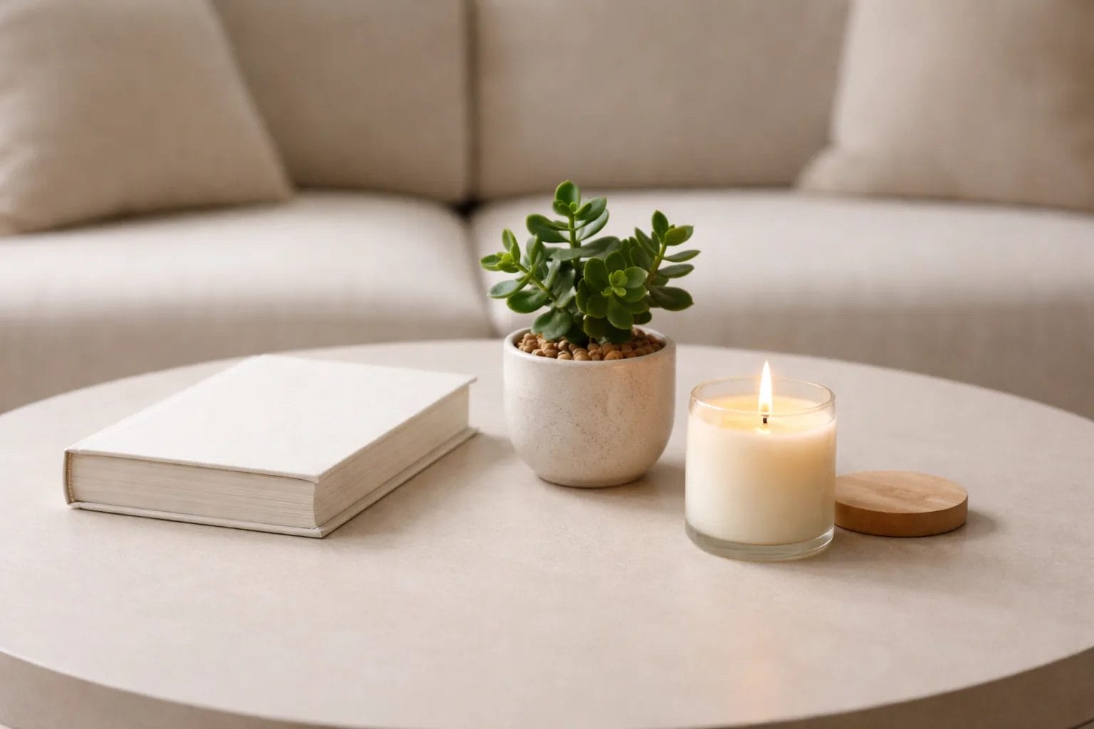 Minimal coffee table with exactly three objects: a book, a small plant, and a candle