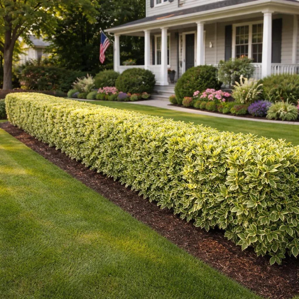 [realistic US suburban front yard with a formal variegated Euonymus hedge with gold-edged leaves along a property bounda