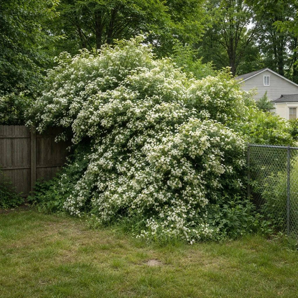 [realistic US suburban backyard showing Multiflora Rose completely overtaking a corner of a yard and spilling over into 