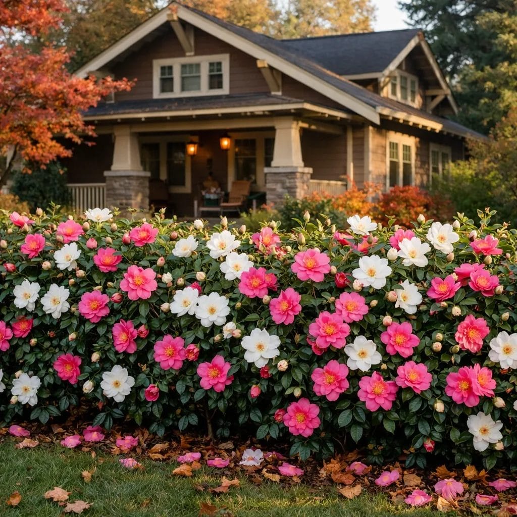 [realistic US suburban Pacific Northwest or Southern front yard with pink and white blooming Camellia sasanqua hedge in 