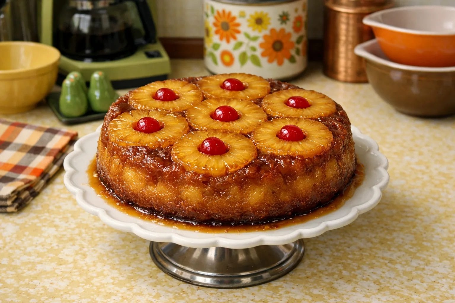 Freshly inverted pineapple upside-down cake on a cake plate, golden caramelized pineapple rings with maraschino cherries