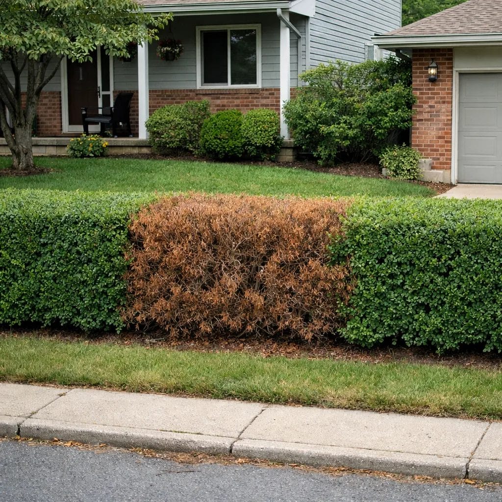 [realistic US suburban front yard showing a hedge with a large, obvious dead brown patch in the middle of an otherwise g