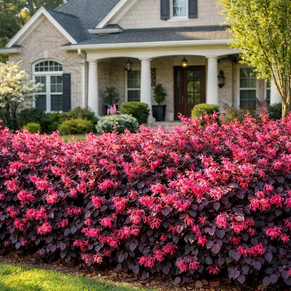 [realistic US suburban Southern front yard with deep crimson-purple Loropetalum Crimson Fire hedge in full spring bloom 
