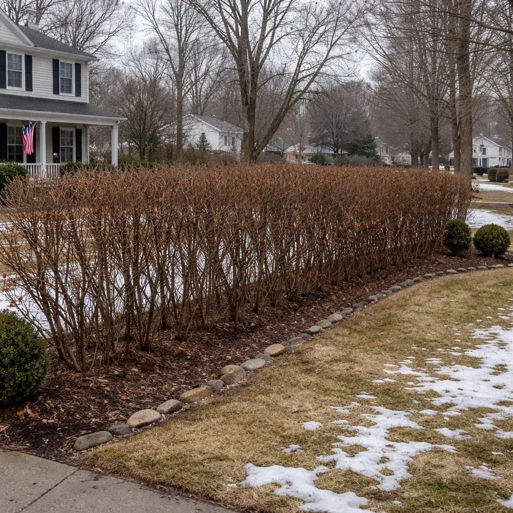 [realistic US suburban front yard in winter showing a deciduous or semi-evergreen hedge that has gone completely brown a