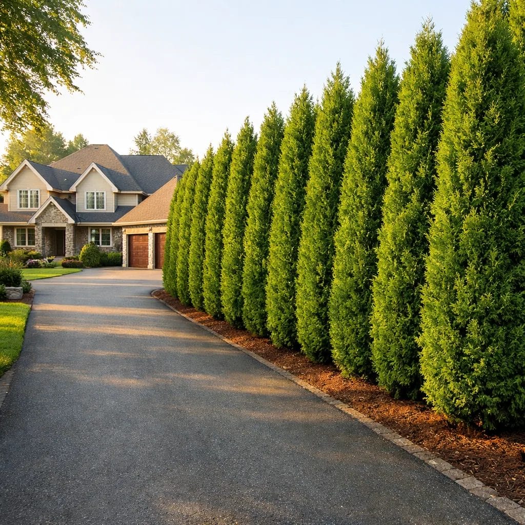 [realistic US suburban front yard with a perfectly maintained Green Giant Arborvitae privacy hedge lining a driveway — p