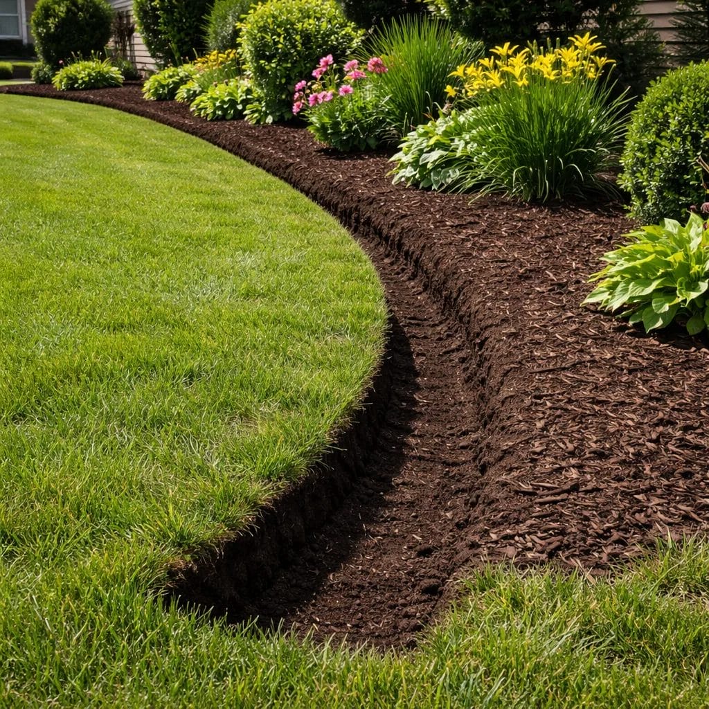 [Freshly edged garden bed border with no physical edging installed, clean trench visible but open soil on both sides, su