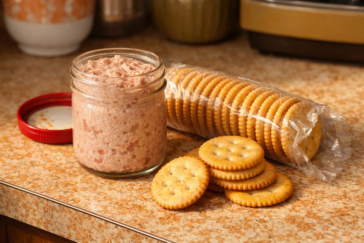 Jar of deviled ham spread opened next to a sleeve of Ritz crackers on a 1970s kitchen counter, afternoon light