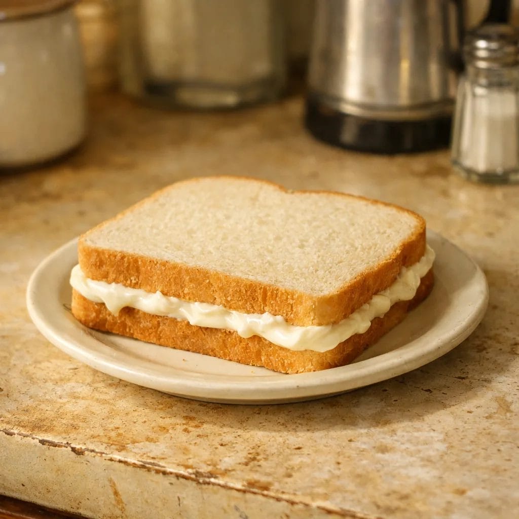 plain white bread sandwich with a thick spread of mayonnaise visible at the edges, simple plate, worn kitchen counter, m