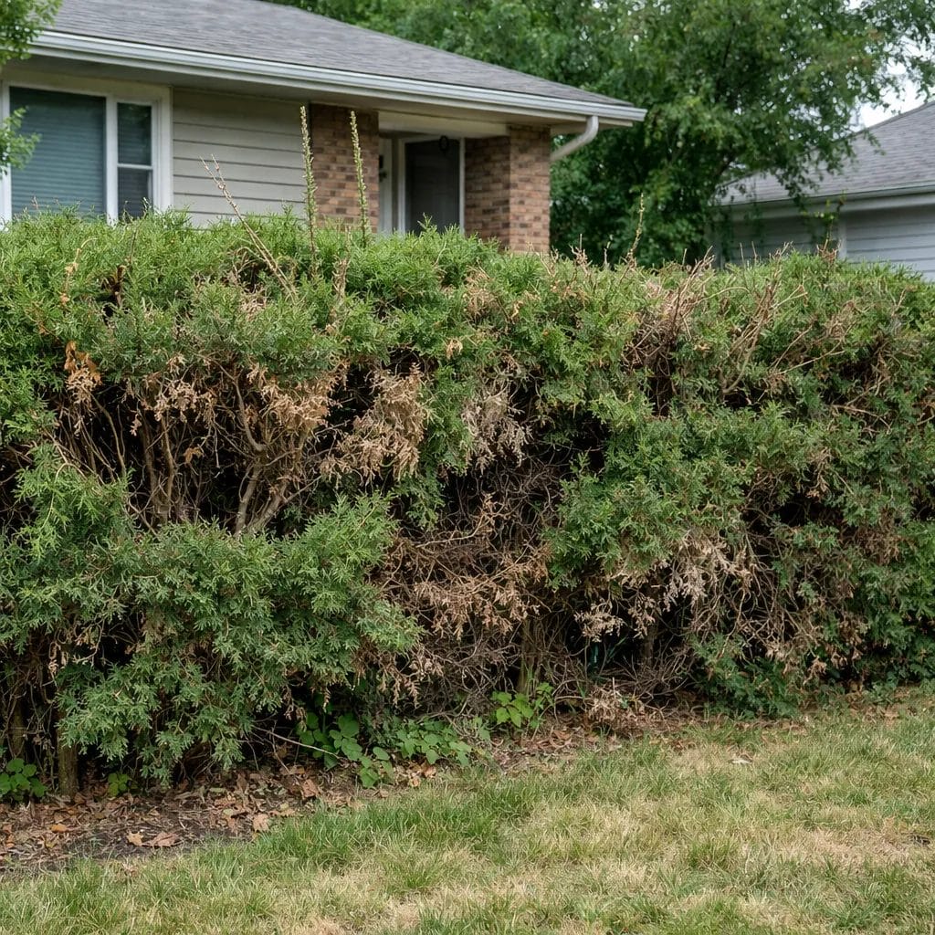 [realistic US suburban front yard showing an overgrown, shaggy, uneven hedge with visible gaps, dead sections, and untri