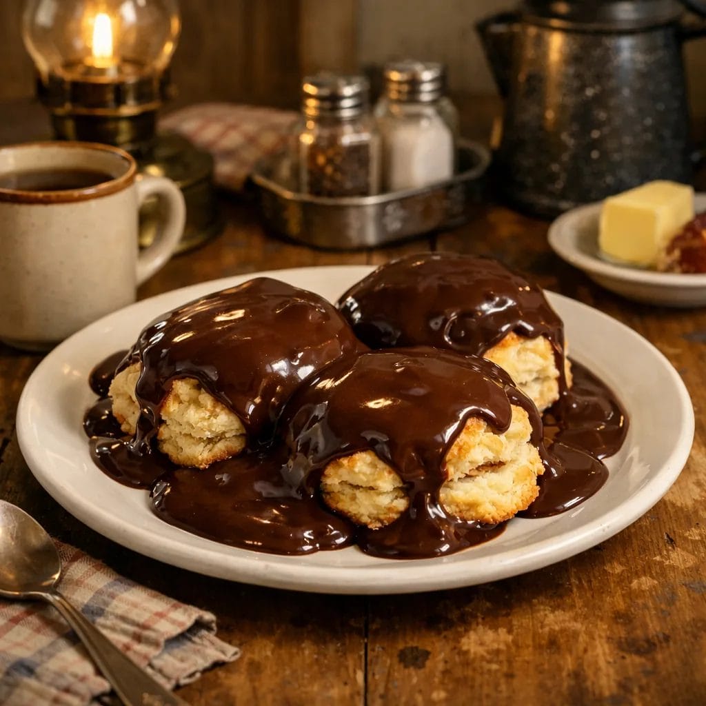 flaky homemade biscuits on a white plate covered with smooth dark chocolate gravy, humble Appalachian kitchen table sett