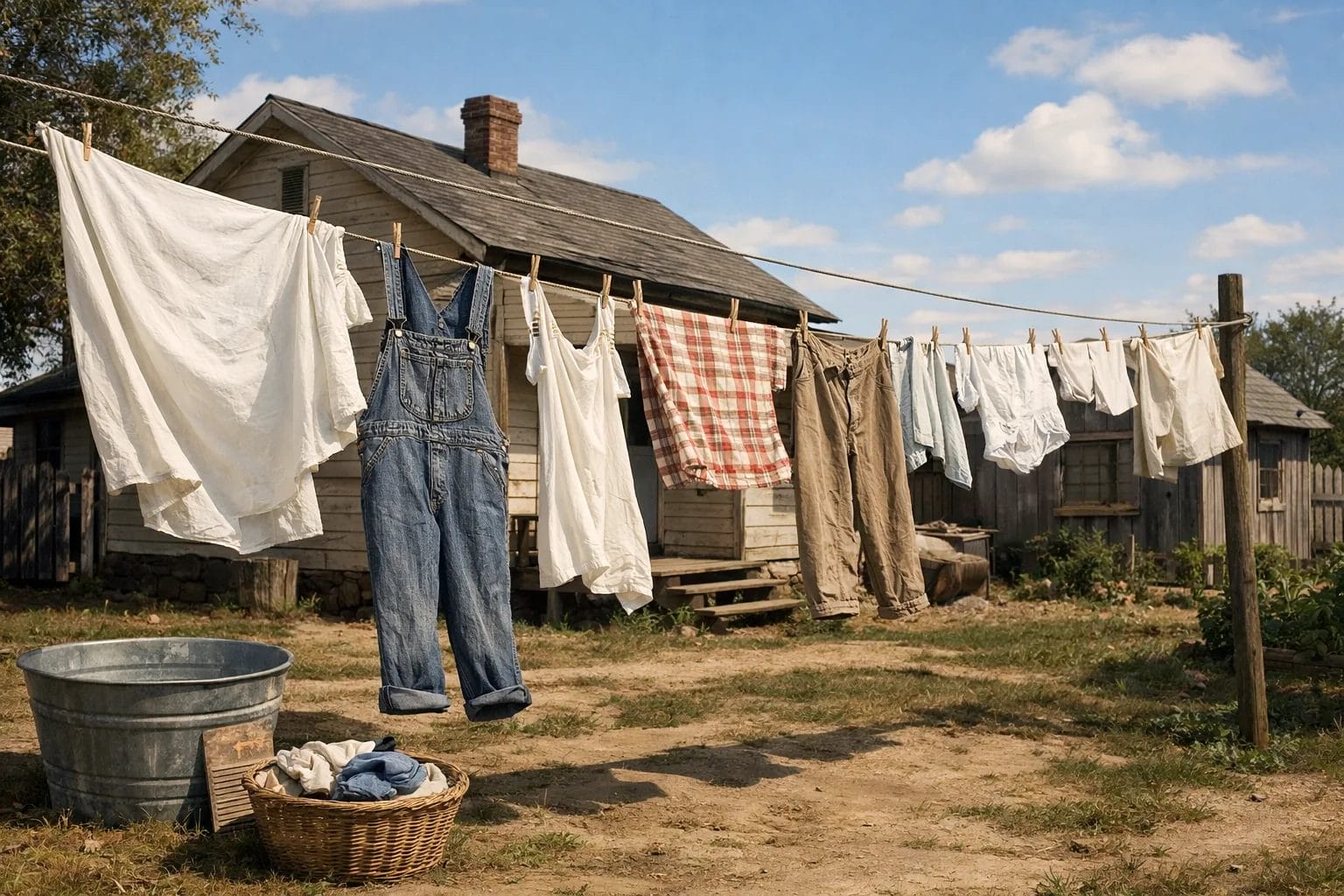1930s era backyard clothesline with freshly washed laundry hanging in the breeze, modest home in background, blue sky, n