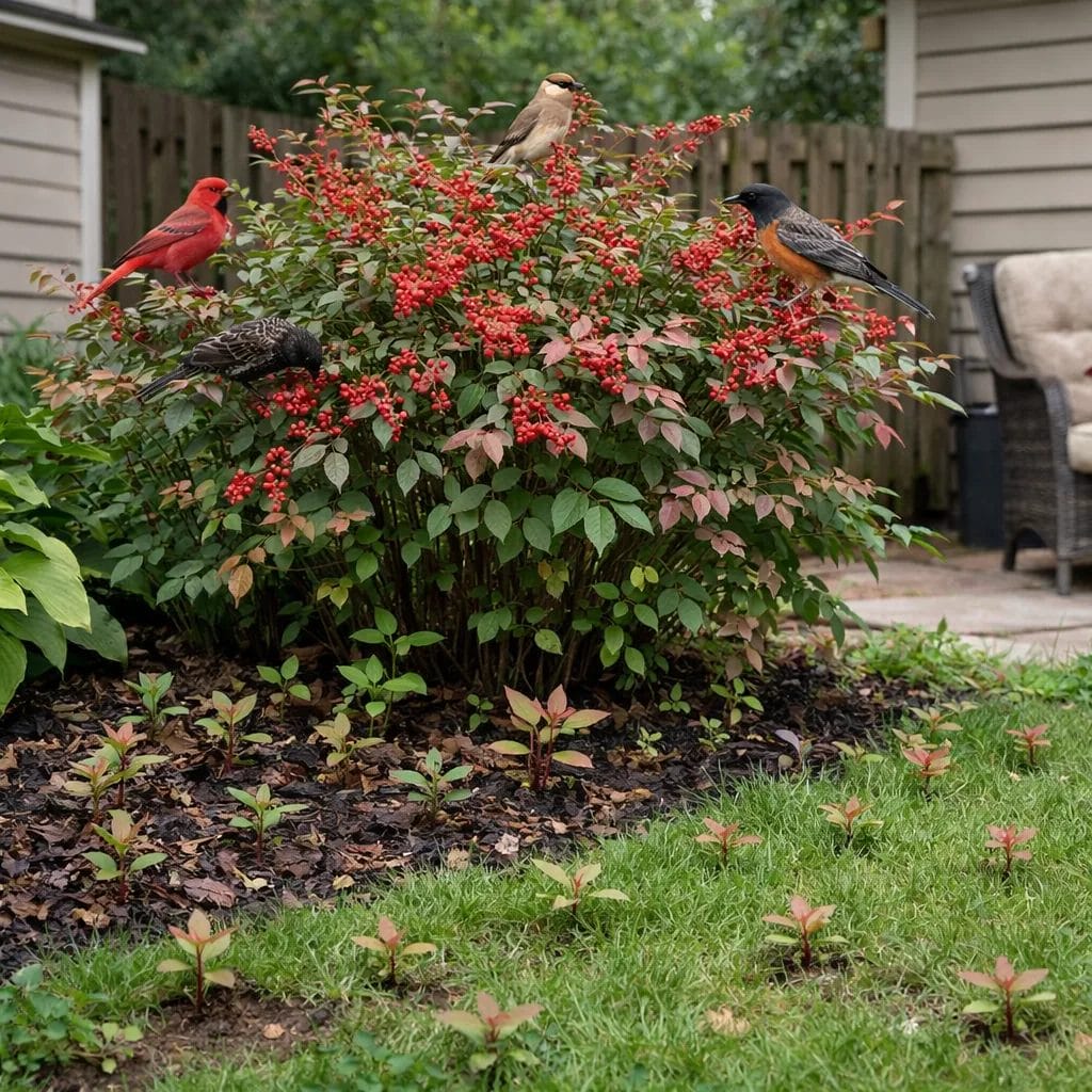 [realistic US suburban backyard showing an invasive hedge species — like nandina or burning bush — in full berry, with b