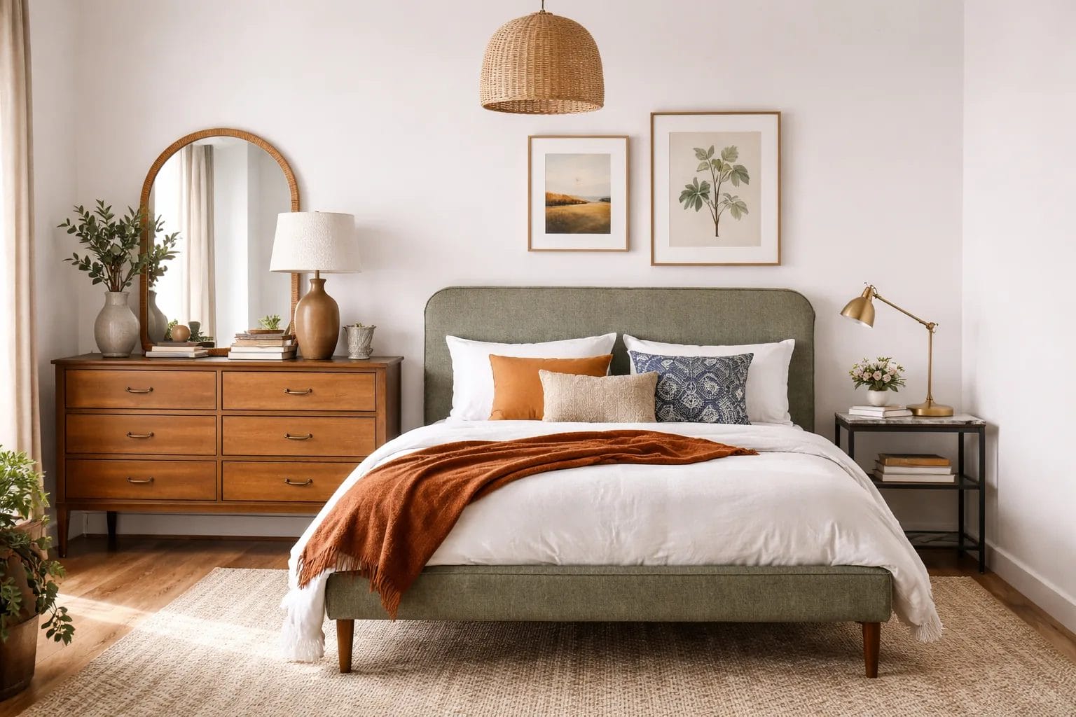 Bedroom with intentionally mismatched but complementary furniture pieces — a wooden dresser, upholstered headboard, and 