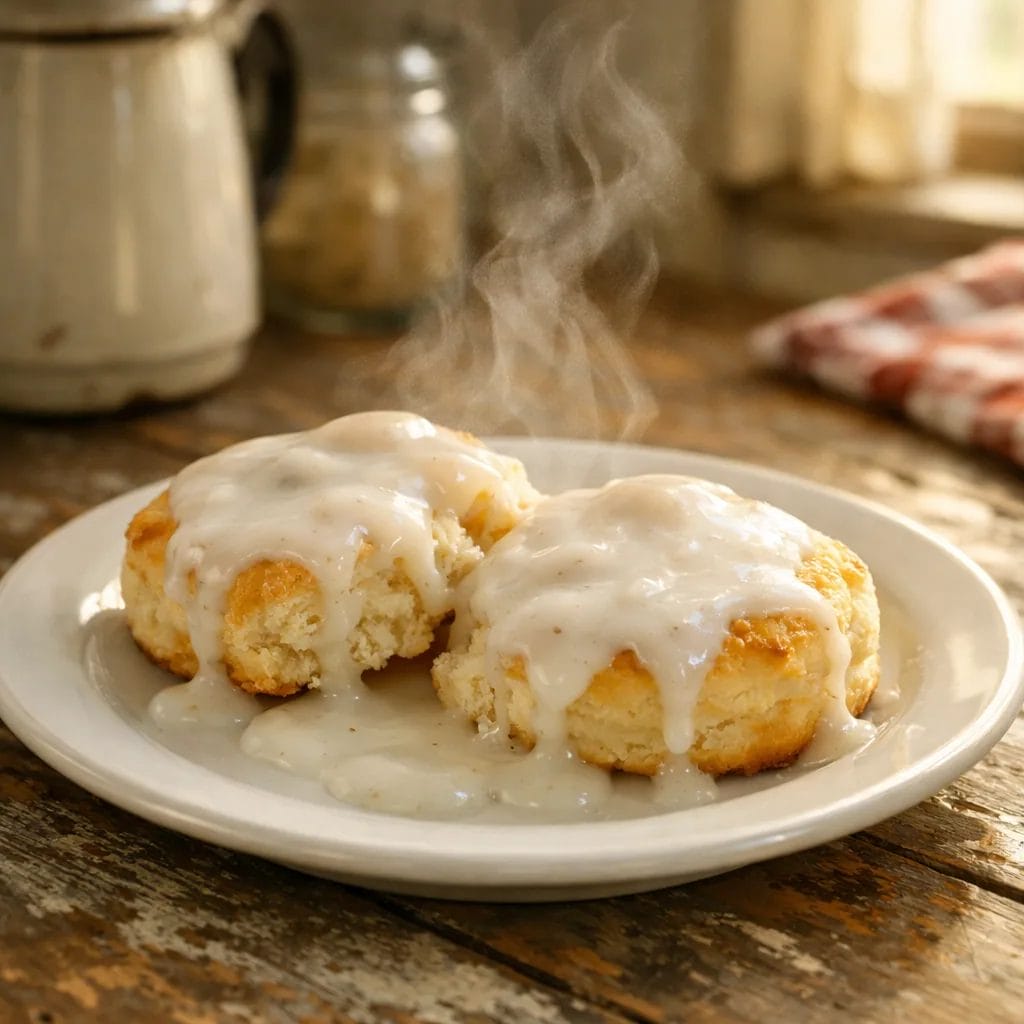 golden homemade biscuits split open and covered with thin white water gravy, simple white plate, worn farmhouse kitchen 