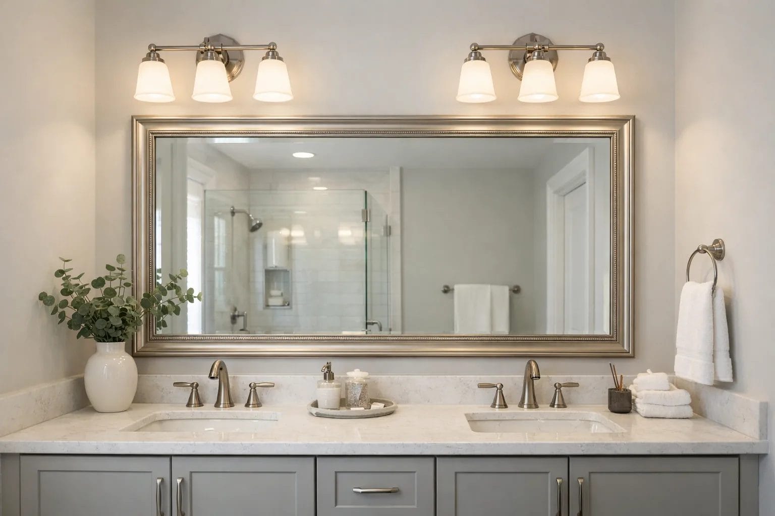 Bathroom with a framed mirror replacing a standard builder-grade plate glass mirror, clean and elegant