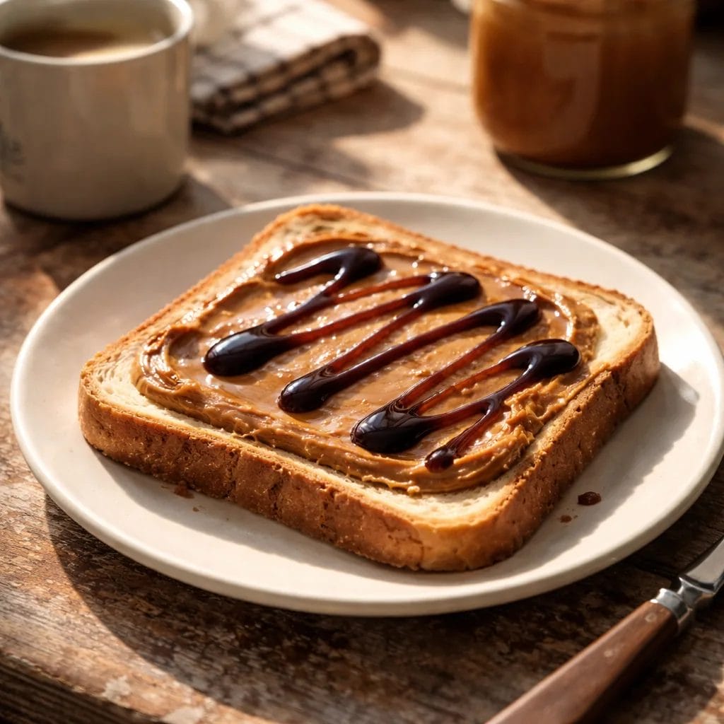 thick peanut butter spread on white bread with dark cane syrup drizzled on top, simple plate on worn kitchen table, morn