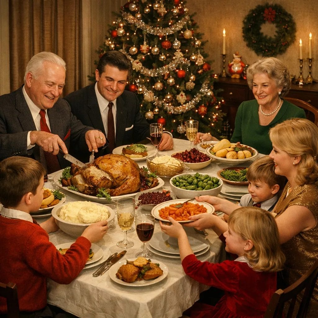 A 1960s Christmas dinner with three generations gathered around a large dining table, grandparents at the heads, parents