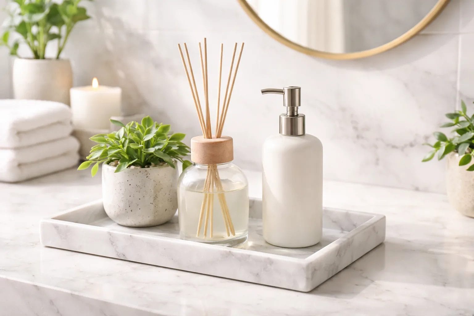 Bathroom counter with a white marble tray holding a diffuser, hand lotion, and a small plant, spa-like styling