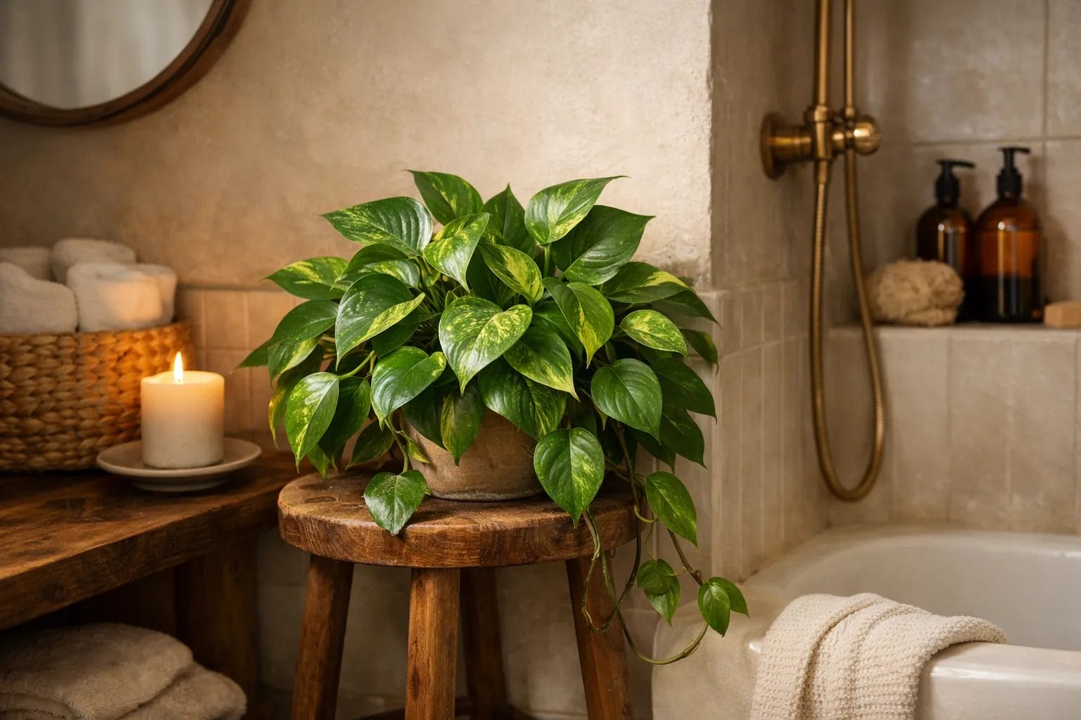 Bathroom corner with a pothos plant on a small stool or shelf, warm and organic feel