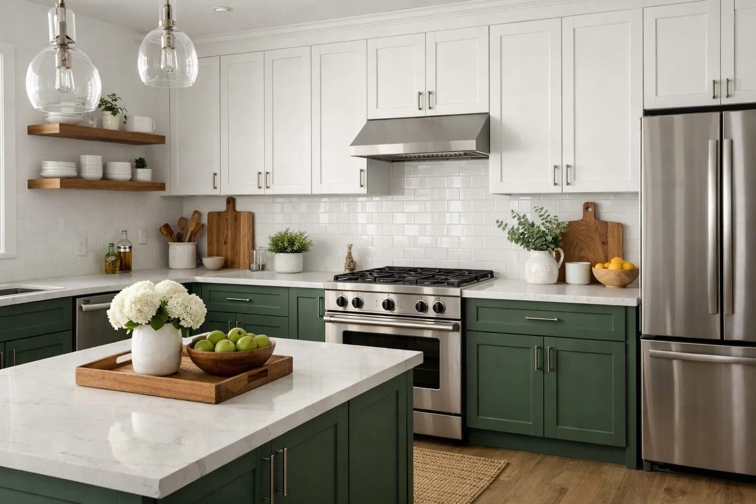 Kitchen with freshly painted lower cabinets in a deep navy or sage green, upper cabinets white, modern and striking