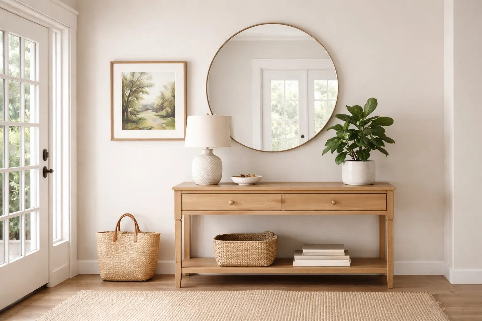 Home entryway with a console table, mirror, small plant, and one piece of art — welcoming and composed