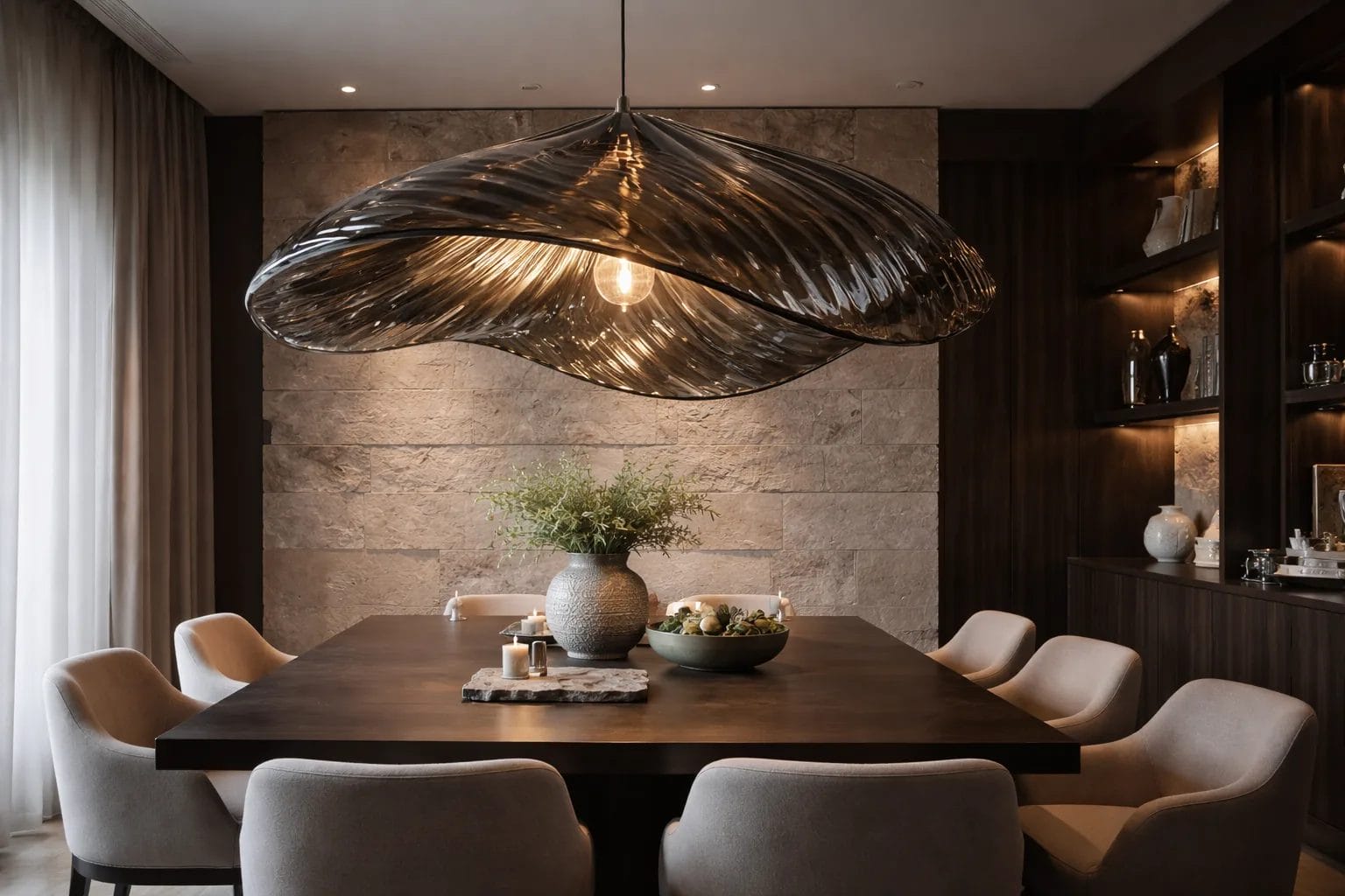 Dining room with a dramatic oversized pendant light hanging above the table, modern and striking