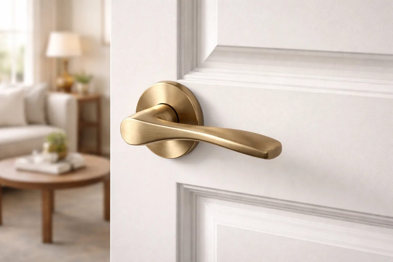 Interior door with a new brushed brass lever handle, sharp detail against a painted door