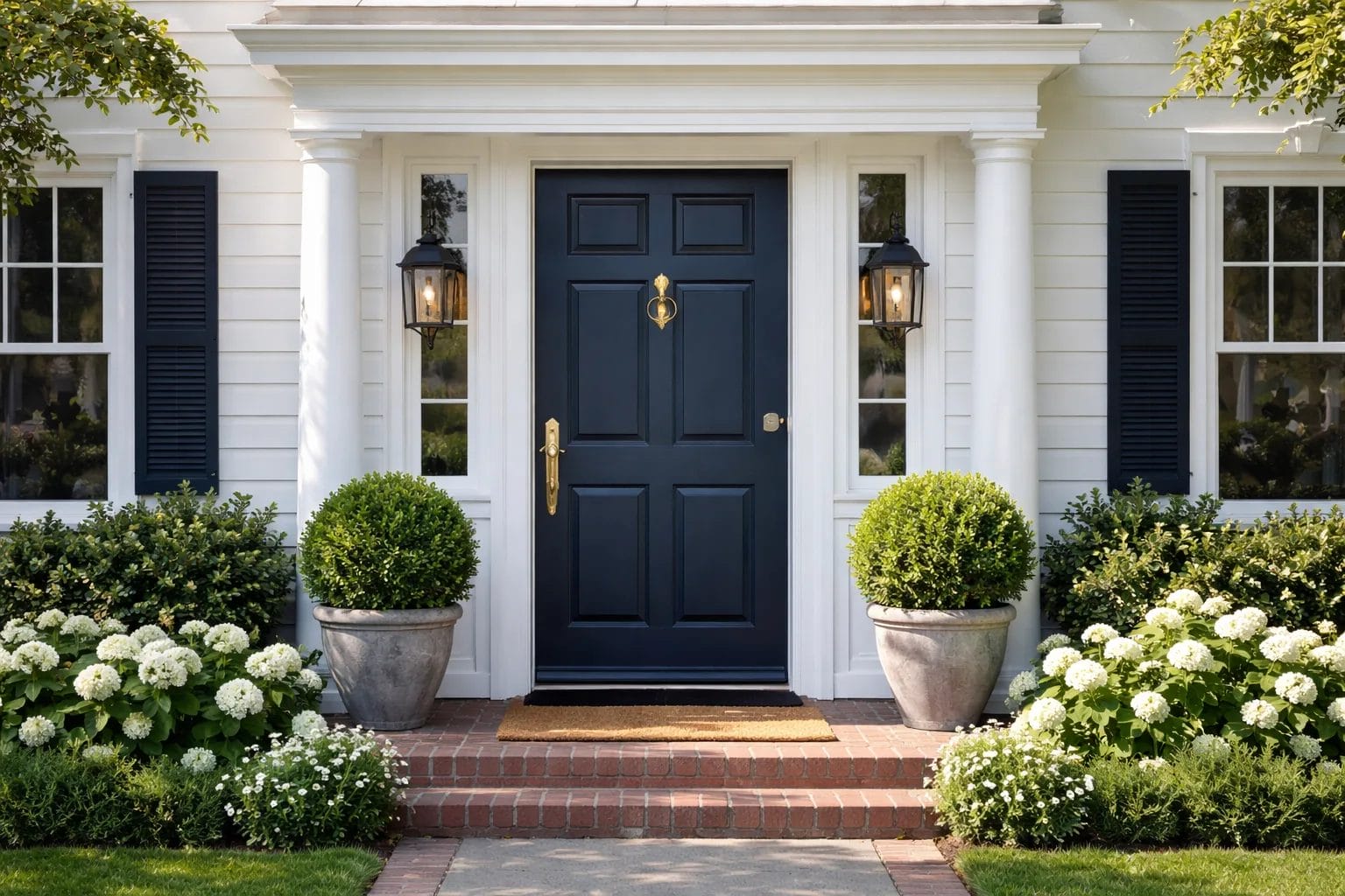 Home exterior with a bold navy, forest green, or black front door, crisp and welcoming, natural daylight